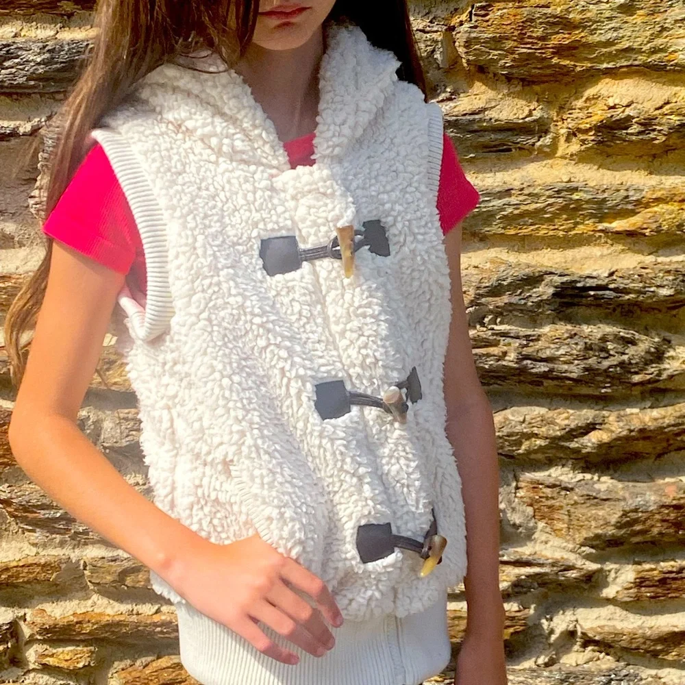 Coffee Shop kids faux‎ Shearling Cream hooded Vest sz L